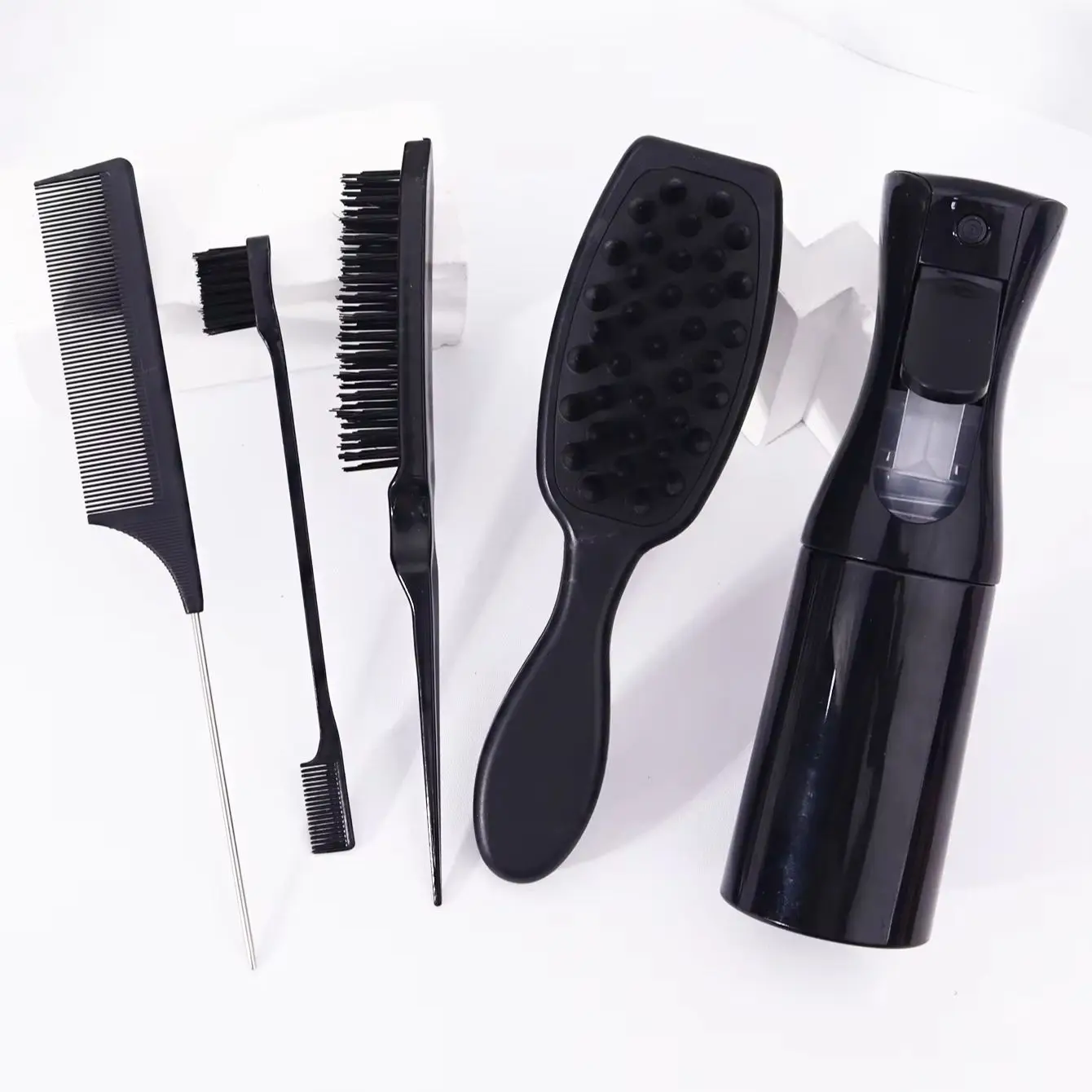 مجموعة أدوات تصفيف الشعر مكونة من 5 قطع، مع زجاجة رذاذ، وفرشاة شامبو، ومشط، وفرشاة شعر وفرشاة حافة خاصة بشعر مستعار حقيقي