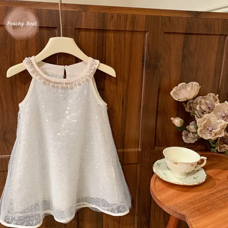 Newborn Baby Girl Princess Pearl Sequin Dress Sleeveless Infant Toddler Child Tulle Vestido Party Birthday Baby Clothes 1-12Y