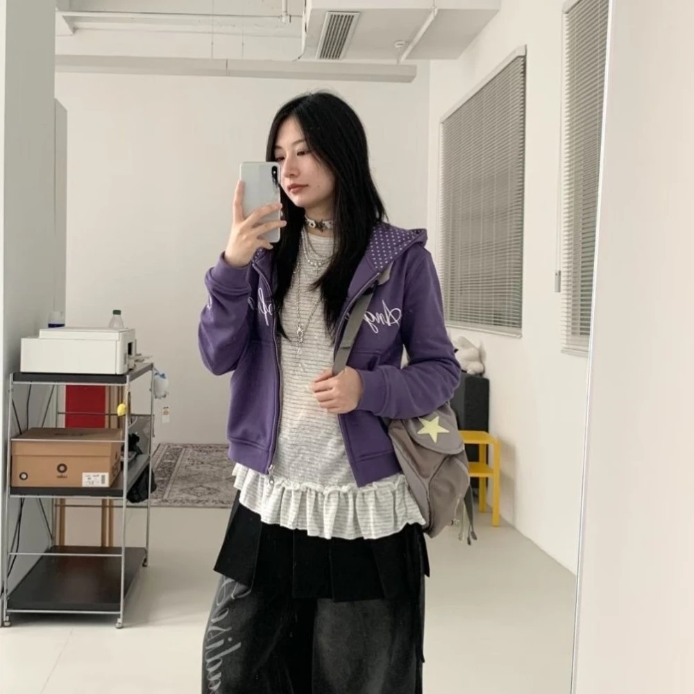 سترة نسائية بقلنسوة بتصميم كلاسيكي أمريكي كاجوال بأكمام طويلة معطف على شكل نجمة لطيف ملابس خارجية يابانية حلوة ملابس خروج عتيقة #6