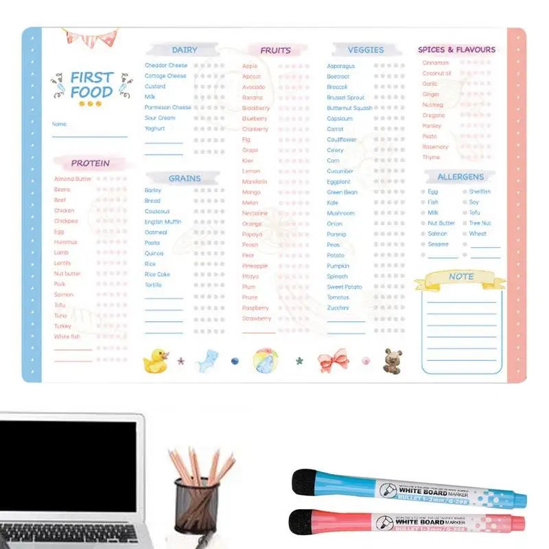 Repeatable Baby Feeding Chart Reusable Baby Food Checklist Daily Planner Baby First Food Chart with 2 Magnetic Whiteboard Pen