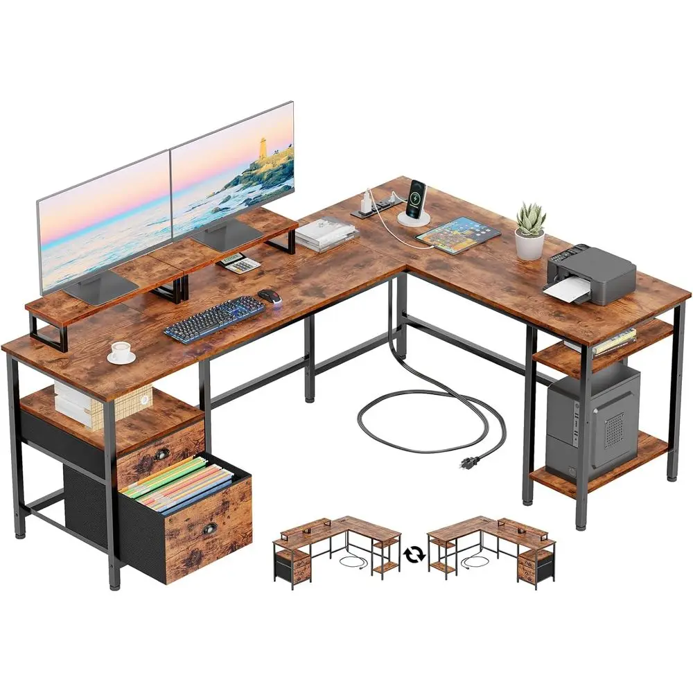 Reversible Rustic Brown L-Shaped Desk with Power Outlet, Storage Shelves, and 2 Monitor Stands for Gaming or Home Office