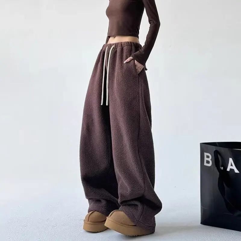 Faux Lambswool Warm Wide-Leg Pants Women Y2K New Winter Chic Thick Drawstring Joggers Female Solid High Waist Loose Sweatpant