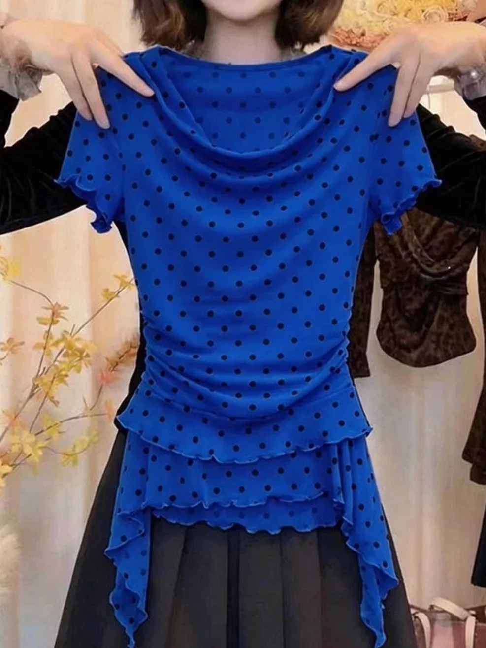 

Women's Polka Dot Halter Neck Short Sleeve T-Shirt Summer Design Sensation Lace Trim Waist Cinching Slimming Floral Trim Top