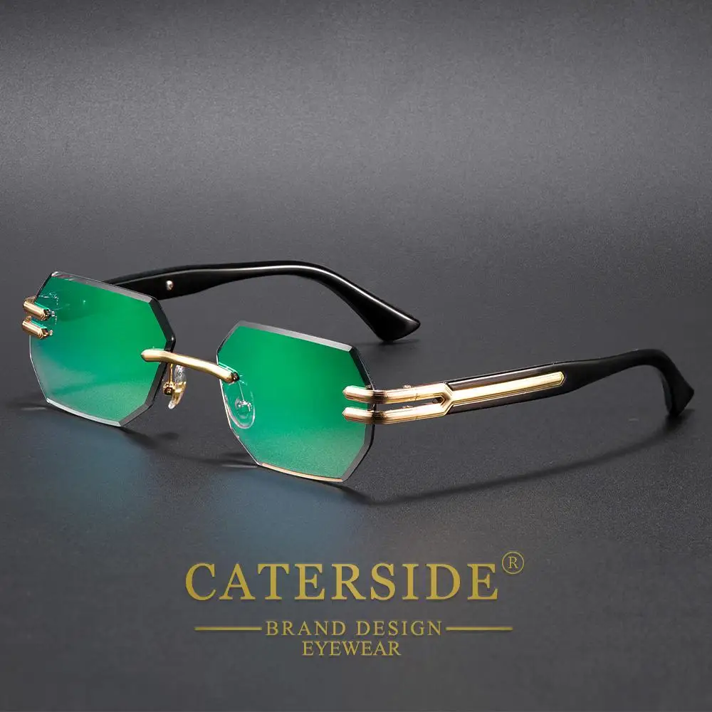 CATERSIDE Neue rahmenlose Sonnenbrille für Herren, modische polygonale Spiegellinsen mit Farbverlauf, Metallrahmen, Damen-Party-Sonnenbrille für den Außenbereich – Detail 19