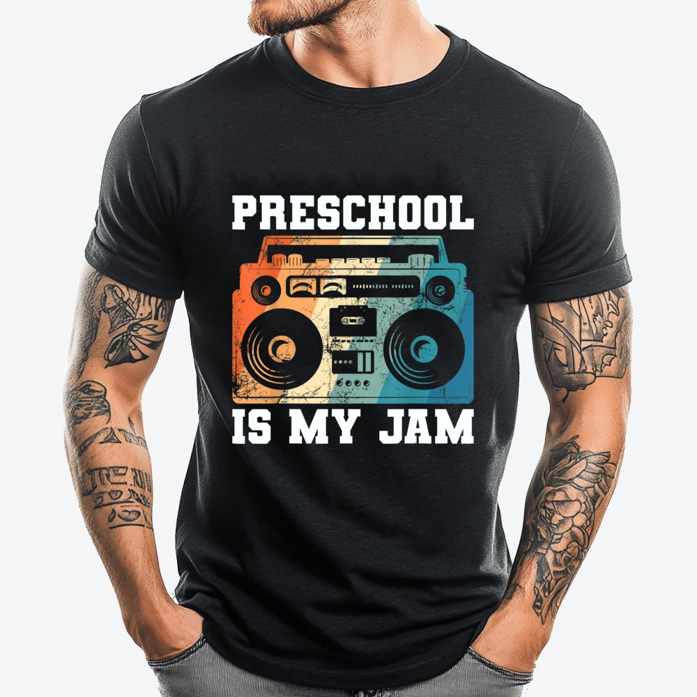 Funny Teacher Preschool Is My Jam Retro Boombox School Sports T Shirt Men Summer  Men's Shirts