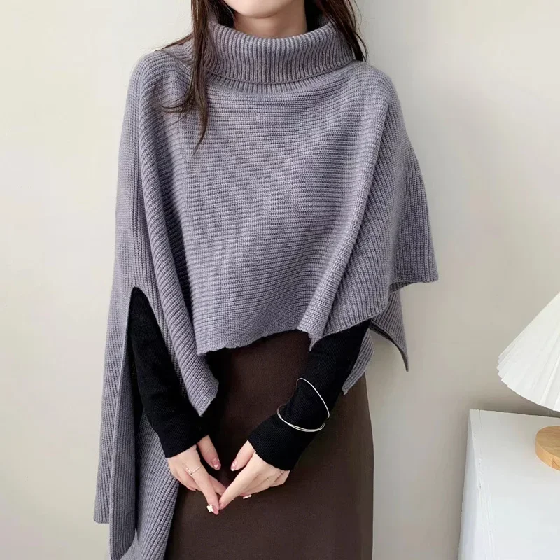 Outono e inverno feminino nova moda cor sólida irregular gola alta camisola capa solta casual quente xale malha topo vento preguiçoso