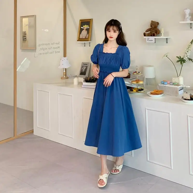 Pleated Elastic Bubble Sleeve Long Dress Summer Short Sleeve Square Neck Dresses for Women 2023 Solid Color Female Casual Skirt
