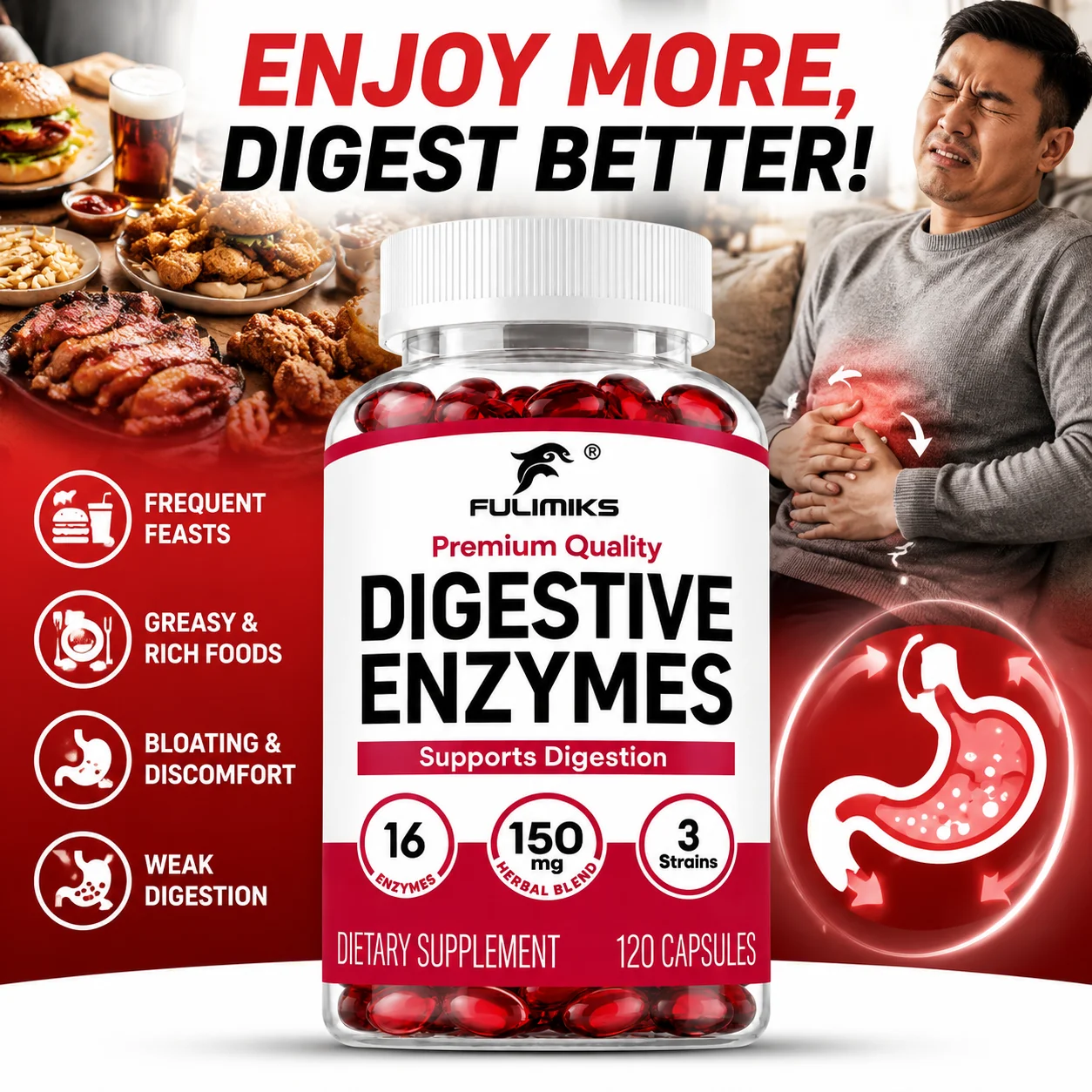 Digestive Enzymes Supplement, Prebiotics Probiotics Complex, Ease Bloating & Discomfort, Supports Gut Flora & Healthy Digestion
