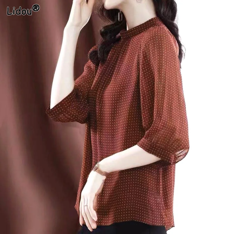 Loose Pullovers Solid Autumn Winter Thin Three Quarter Sleeve Dot Pattern Chiffon Temperament Elegant Sexy Women's Clothing 2022