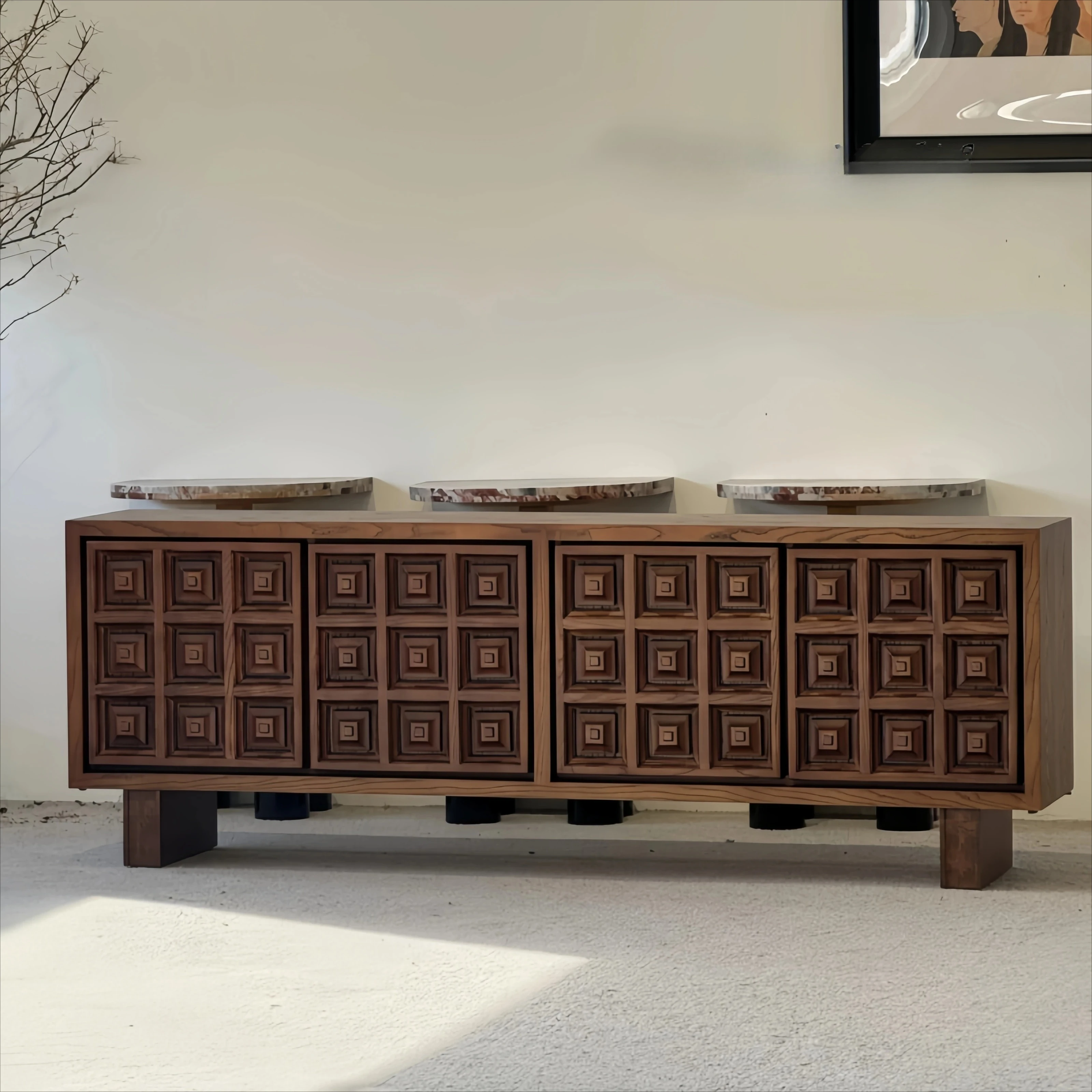 

Medieval style solid wood dining side cabinet hotel homestay entrance cabinet design home living room wall side cabinet