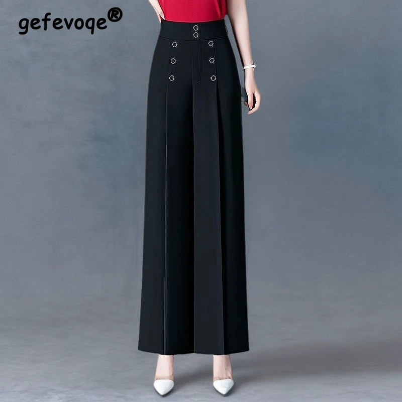 

New Women Summer Fashion Vintage High Waist Wide Leg Pants Office Lady Commute Solid Loose Straight Trousers Elegante Pantalones