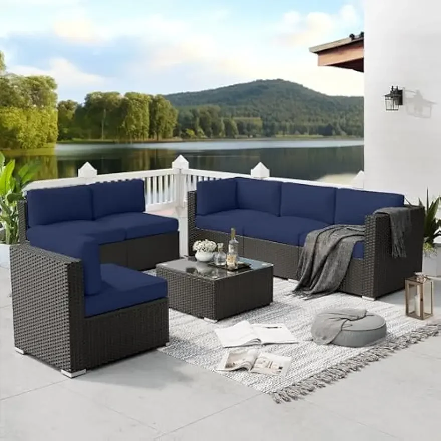 7 Pieces Outdoor Patio Furniture Set, Black Brown Rattan Outdoor Patio Sectional Conversation Set, with Coffee Table, Navy Blue