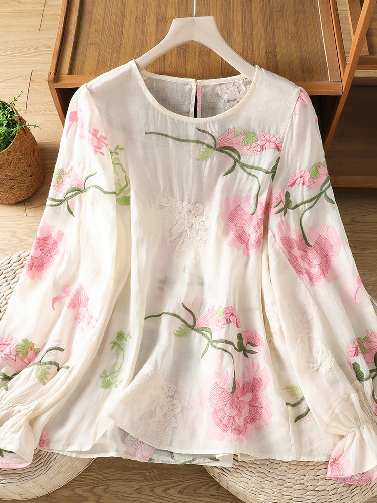 

Loose Fit Embroidered Lantern Sleeve Sun Protection Shirt Women's Summer Fashion Brand Clothing Comfortable Breathable Top