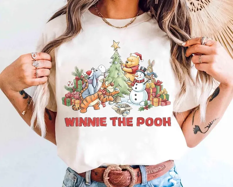 

Retro Disney Winnie The Pooh Christmas Tree T-shirt Funny Pooh and Friends Tee Santa Eeyore Tiger Piglet Christmas Snowman Tee