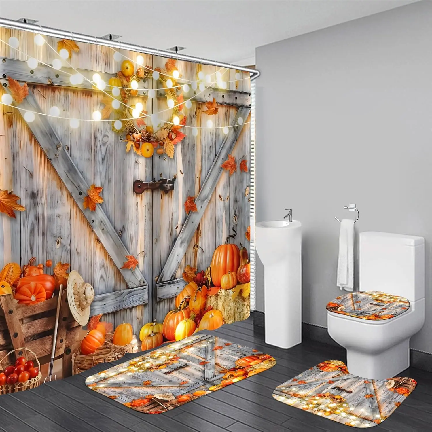 

Набор занавесок для душа на День Благодарения, осенняя занавеска для душа с тыквой для ванной комнаты, 4 шт. деревянная дверь, фон, набор декора для ванной комнаты