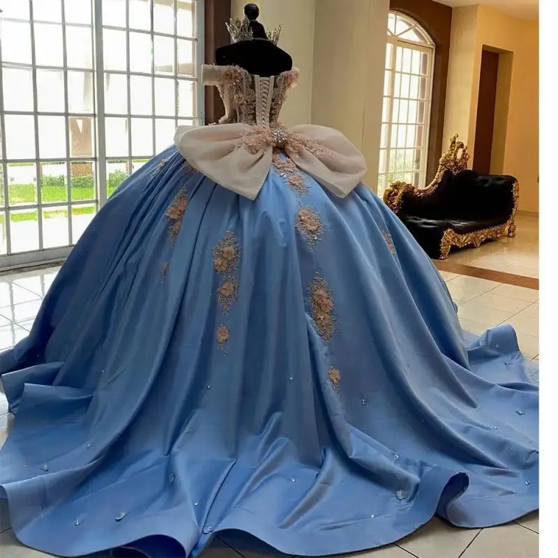 Light Blue Illusion 3D Flowers Quinceanera Dresses Ball Gown Beading Crystal Appliques Lace Sweet 15 Birthday Party