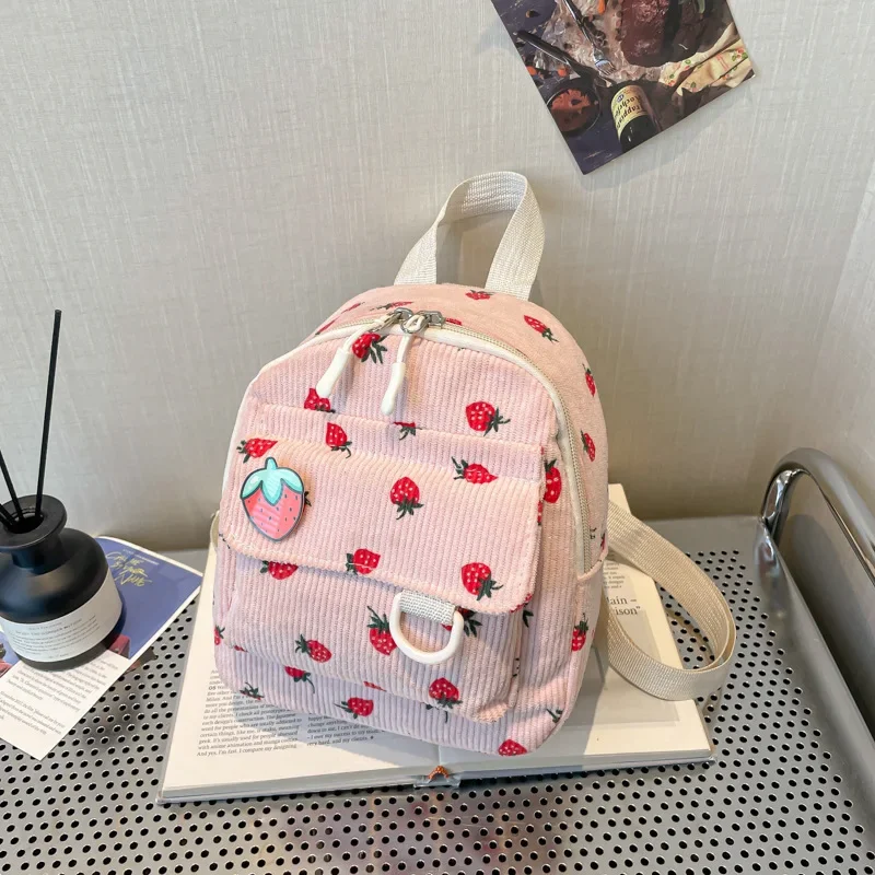 

BOMO Corduroy Backpacks for Ladies Sweet Fashion Strawberries Pink Womens Backpack Ins Casual Versatile Small Women Bag