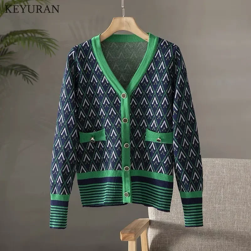 2024 autunno inverno maglione cardigan donna monopetto manica lunga Vintage Argyle Casual allentato verde lavorato a maglia Outwear top