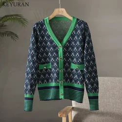 2024 Autumn Winter Sweater Cardigans Women Single Breasted Long Sleeve Vintage Argyle Casual Loose Green Knitted Outwear  Tops