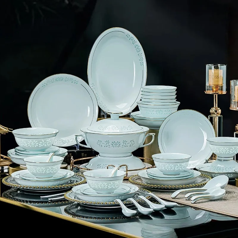 Underglaze colored celadon exquisite dish set household high-end