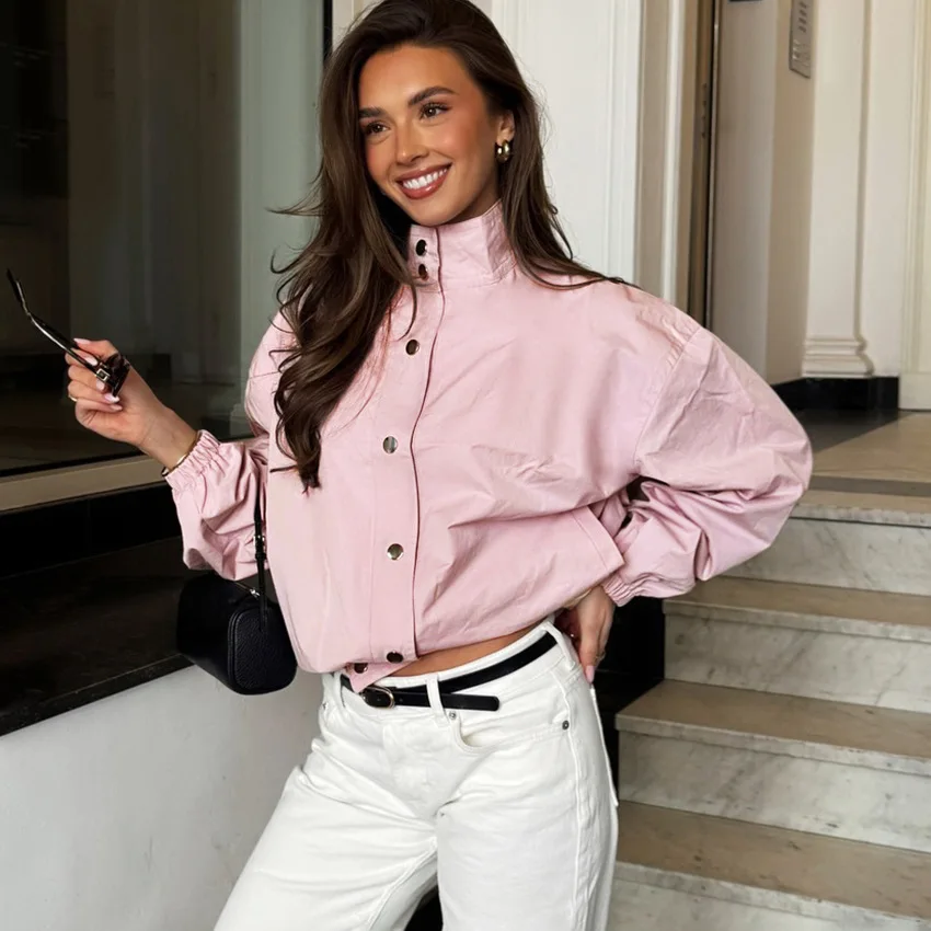 2026 Spring Summer New Arrival Women Fashion Loose Cropped Jacket Top Office Windproof Stand Collar Casual Euro Female Chic Hot