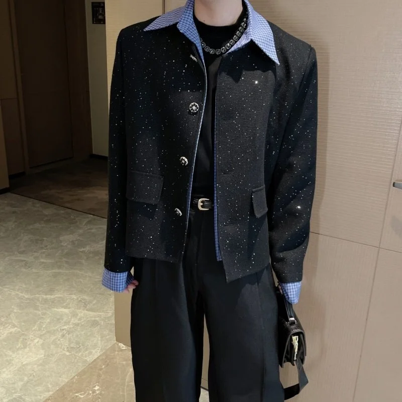 

Корейская мужская куртка-жакет с пайетками и пэчворком, молодежная повседневная, из полиэстера, укороченная, на пуговицах