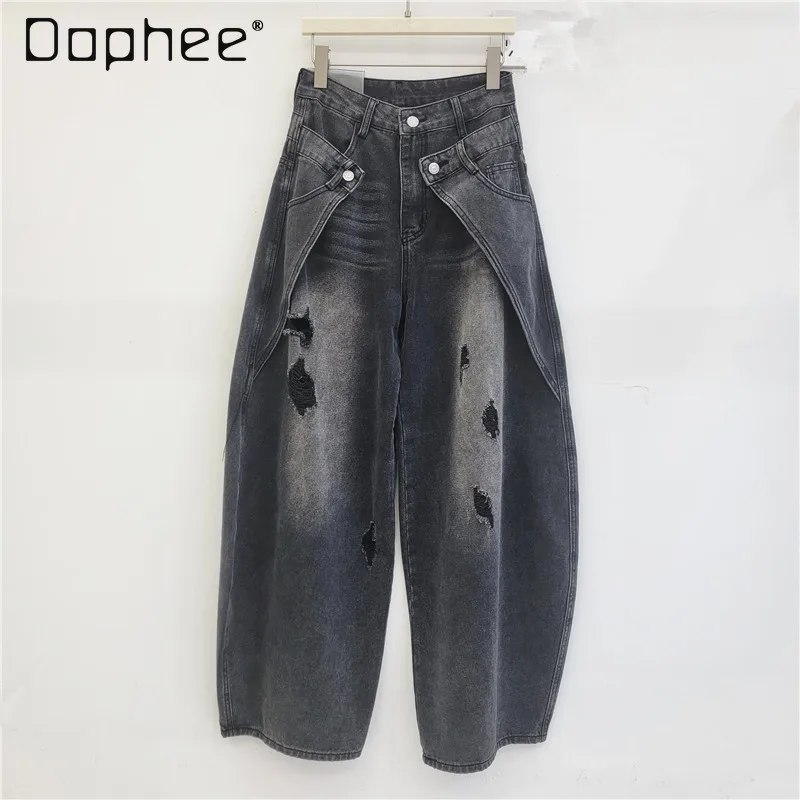 

Retro Washed Black Distressed Layered Waist Baggy Jeans American Retro Design Holes Wide Legs Streetwear Denim Trousers