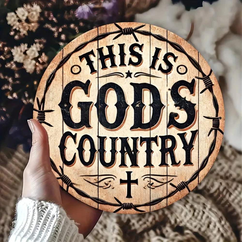 This Is Gods Country Retro Round Sign, 8 Inch, Rustic Cross and Barbed Wire Wall Decor for Church, Bar or Garage