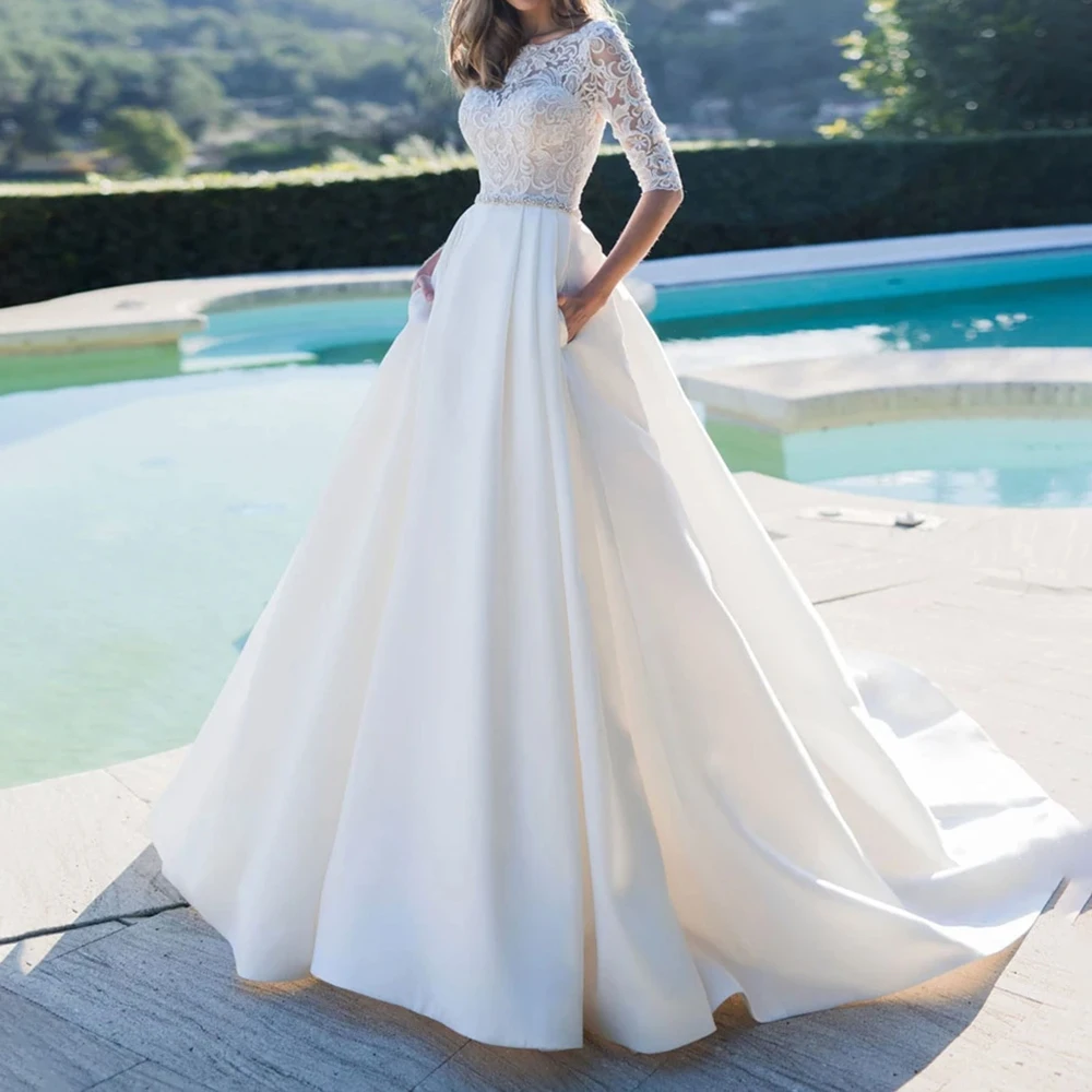 

Half Sleeves A-Line Long Wedding Dresses 2025 Applique Lace Satin O-Neck Bridal Gowns vestidos de novia Customized