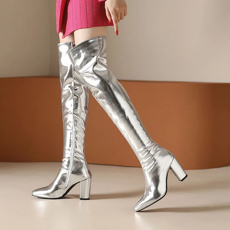 Sexy Over the Knee High Boots Women Party Dance Winter Shoes Ladies Silver Gold Thick High Heel Nightclub Botas Feminina WSH4928