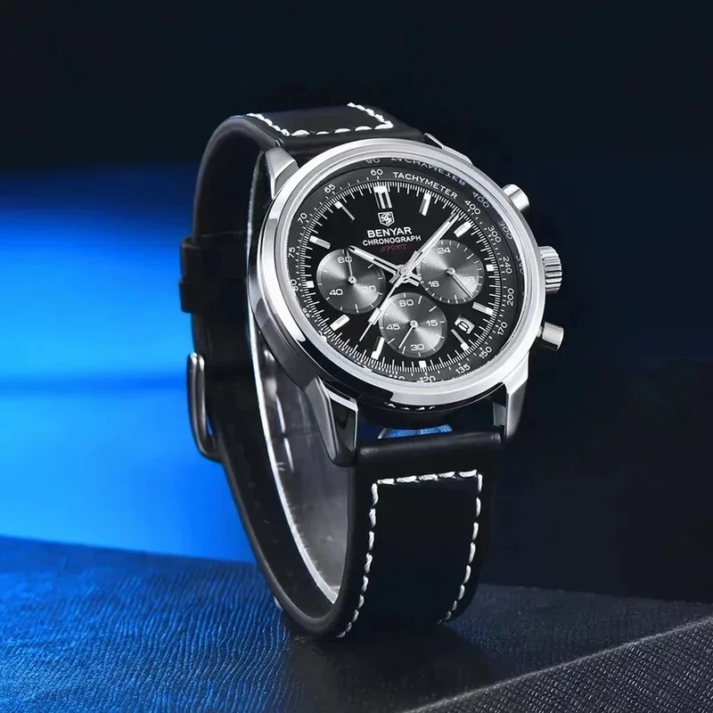 BENYAR BY-5188 Men Quartz Chronograph Watch Tachymeter Bezel 42MM Dial Vintage Leather Strap Racing Sport Male Wristwatch