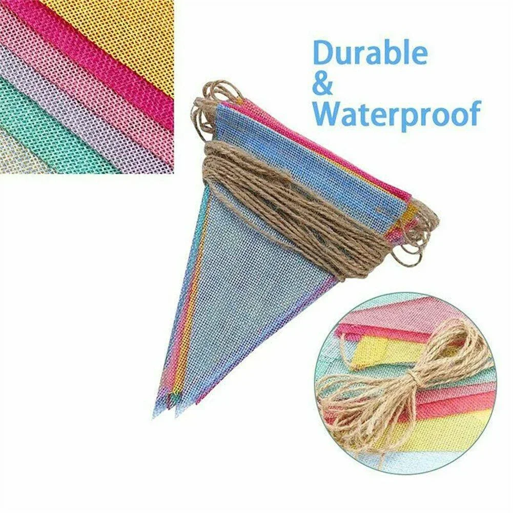 4M 12 Flags Colorful Jute Linen Banner Pennant Birthday Bunting Banner Wall Hanging Wedding Hanging Banner Party Garland Home De