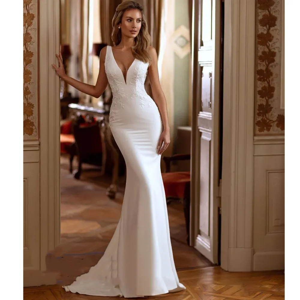 Flavinke Angepasst Sexy Backless Meerjungfrau Brautkleider Für Frauen Applikationen Spitze V-ausschnitt Tank Taste Satin Vestidos De Novia