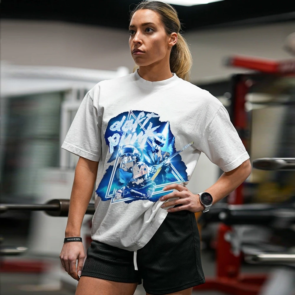 

Electro Cool Unisex White Short Sleeve Graphic Tee with Daft Punk Print Y2K Aesthetic Casual Comfortable Loose Fit Tee for Daily