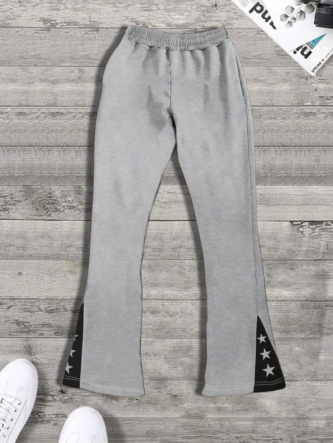 Men's Colorblock Star Print Flare Pants, Casual Patchwork Joggers, Slim-Fit Polyester Fabric, Fall & Winter Fashion