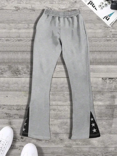 Imagen 2 del producto Pantalones acampanados con estampado de estrellas y bloques de colores para hombre, pantalones casuales de retazos, tela de poliéster ajustada, moda de otoño e invierno
