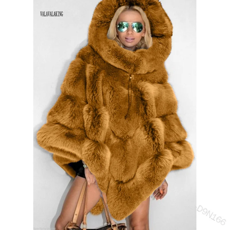 2025 Women Winter Furry Plus Size Faux Fur Coat Female Hooded Long Sleeve Plush Cloak Ladies Large Fake Fur Warm Fluffy Outwear