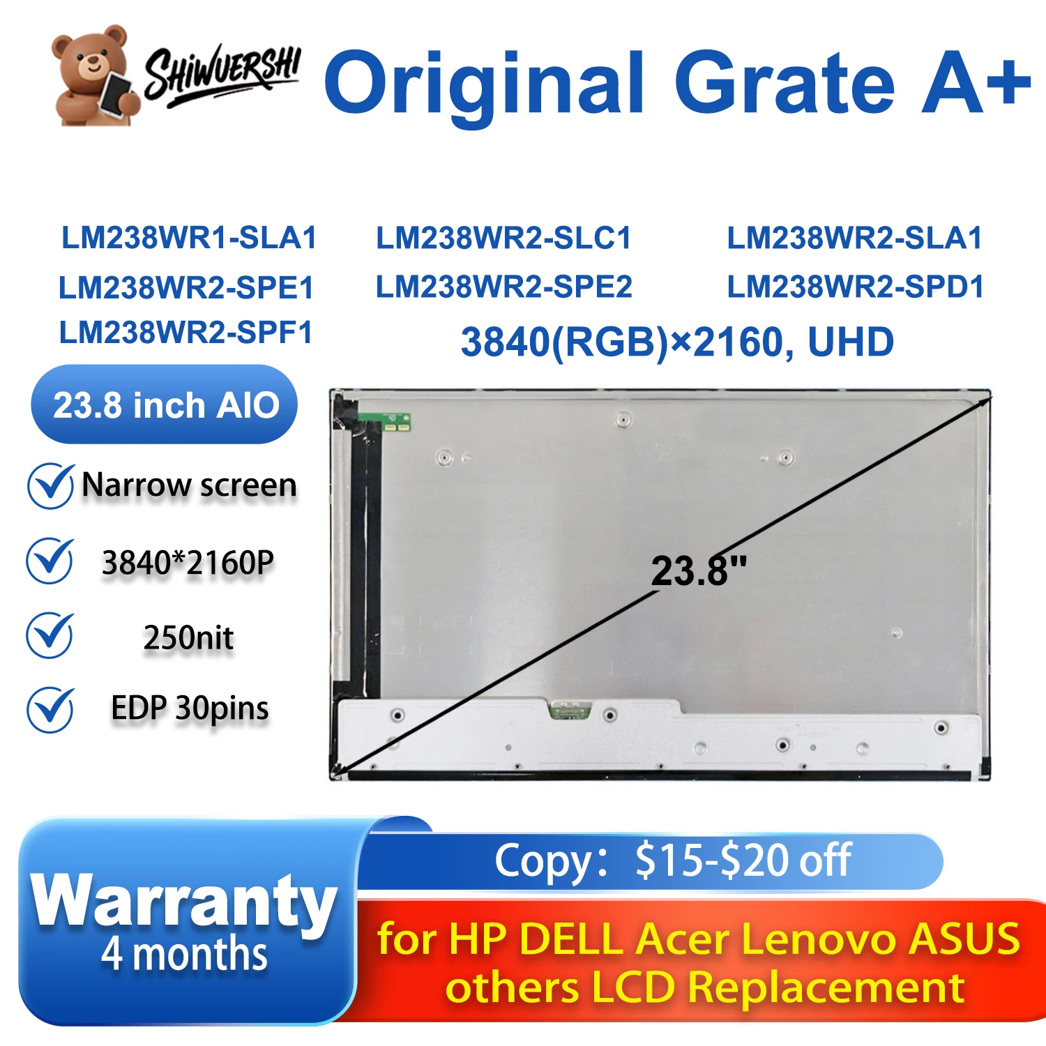 

Новая оригинальная ЖК-панель Sceen 23,8 дюйма 3840 (RGB) × 2160 UHD LM238WR1 SLA1 LM238WR2 SLC1 SLA1 SPE1 SPE2 SPD1 SPF1