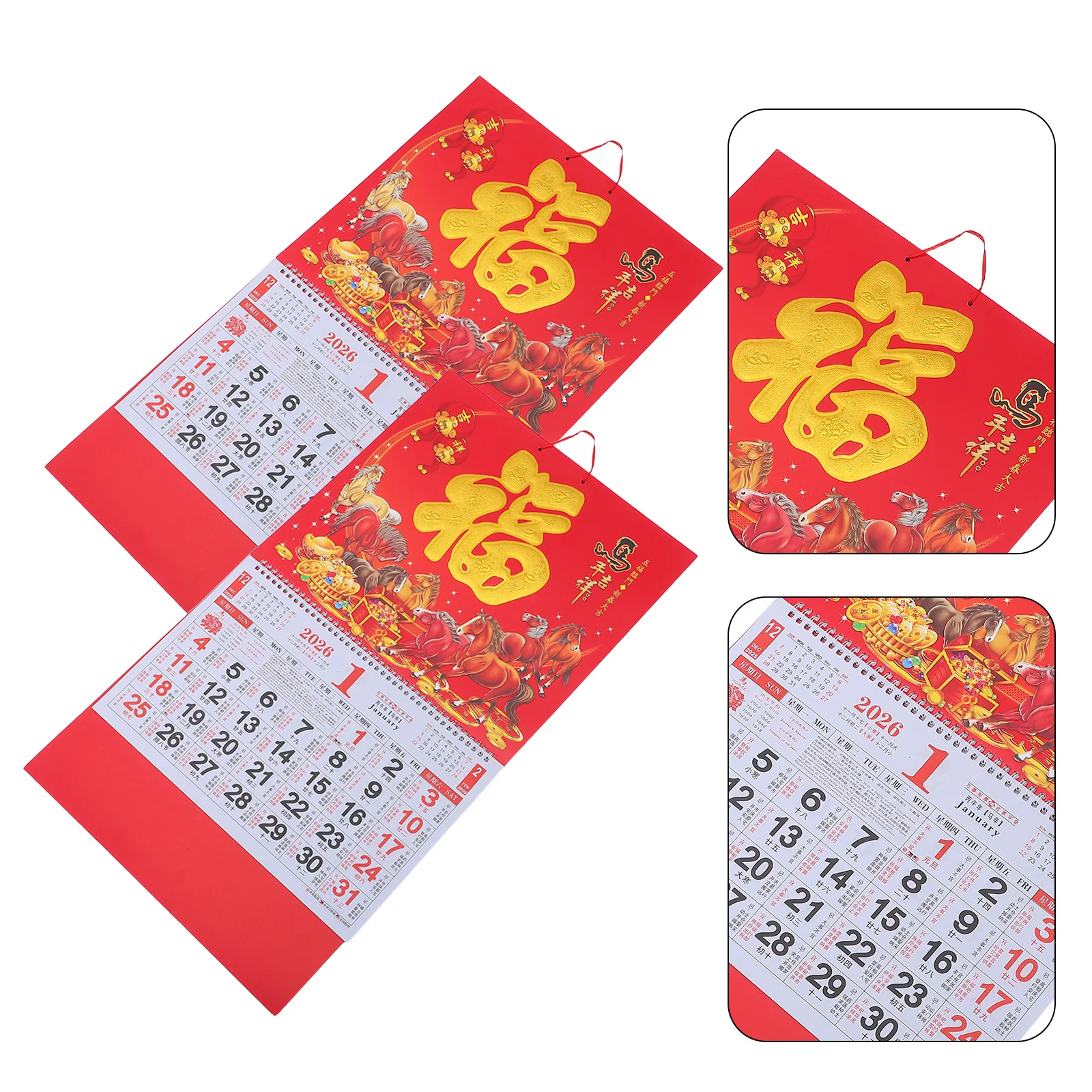 

2Pcs Year of The Horse Calendar 2026 Traditional Chinese Lunar Hanging Wall Calendar Office Home New Year Decoration Festival