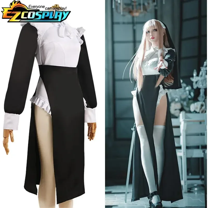 

Sexy Nuns Original Design Cosplay Chowbie Uniform Black Sexy Dress XS-3XL Oversize Halloween Costumes White Long Wig for Women