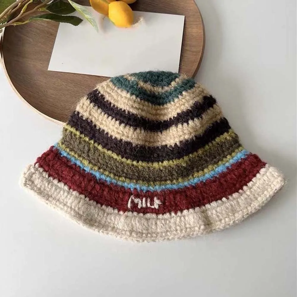 Topi Bucket Rajut Hangat, Topi Nelayan Bergaris Warna Kontras, Serat Akrilik, Gaya Korea, Topi Kerja Rajut, Cocok untuk Perjalanan