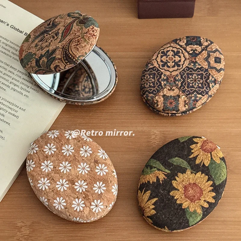 Vintage Floral Cork Compact Mirror, Double Sided Folding Pocket Mirror, Portable Travel Makeup Mirror for Women Gift