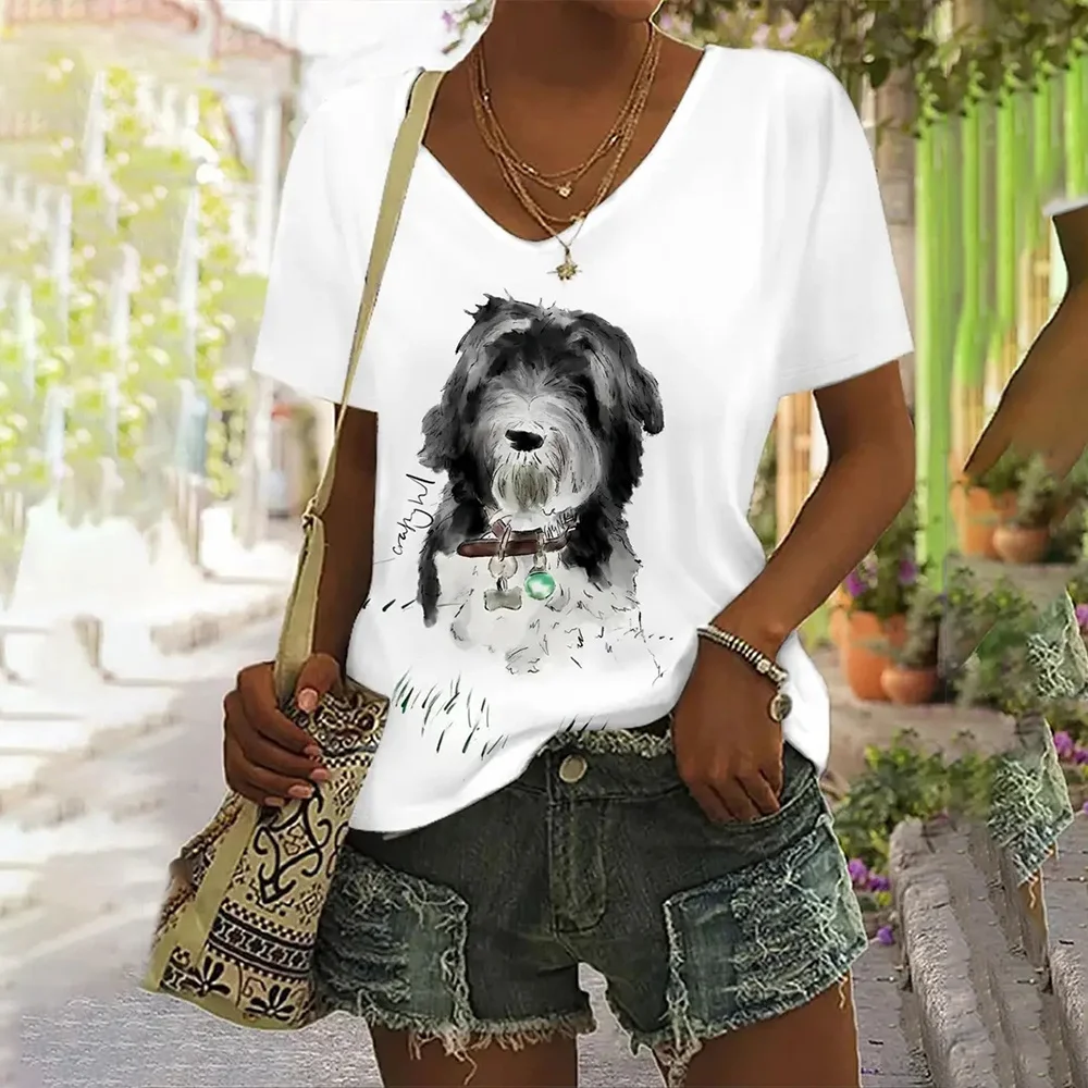 Camiseta informal de manga corta para mujer, camisetas con estampado de perro bonito, ropa de calle de moda de verano, jersey con cuello en V, ropa de gran tamaño para mujer