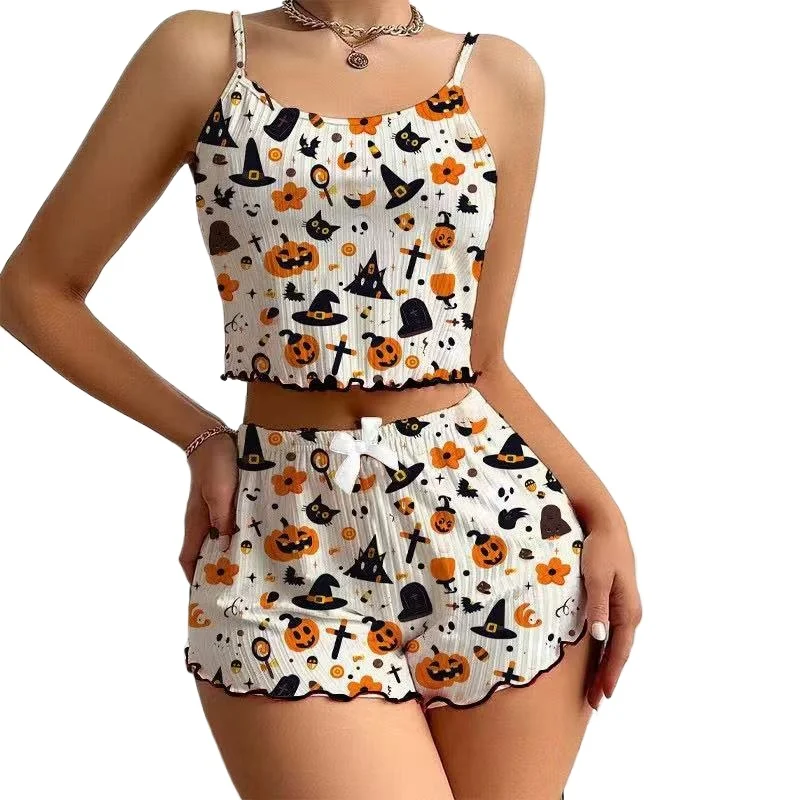 Halloween Print Cami Top And Ruffle Shorts Set Pumpkin Witch Hat Motif Sleepwear Women Festive Loungewear