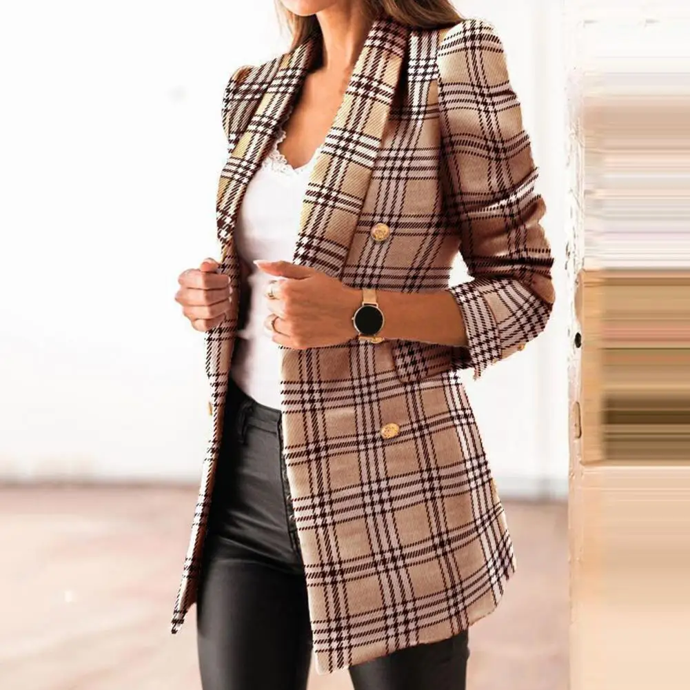 

Chic Women Autumn Blazer Formal Winter Coat Slim Fit Thick Plaid Print Lady Coat Thermal