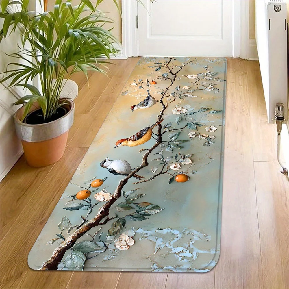 Vintage Floral Bird and Fruit Print Runner Rug, Soft Floor Mat for Kitchen Hallway Entryway Laundry Room Farmhouse Home Decor