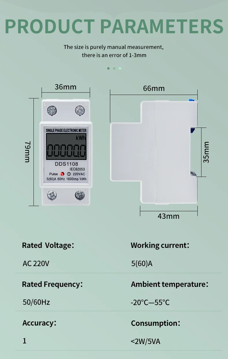 LCD-Digitalanzeige, Stromverbrauchsmesser, einphasiger Energiezähler, Watt, Wattmeter, kWh, 230 V AC, 50 Hz, 60 A, elektrische DIN-Schiene – Detail 3