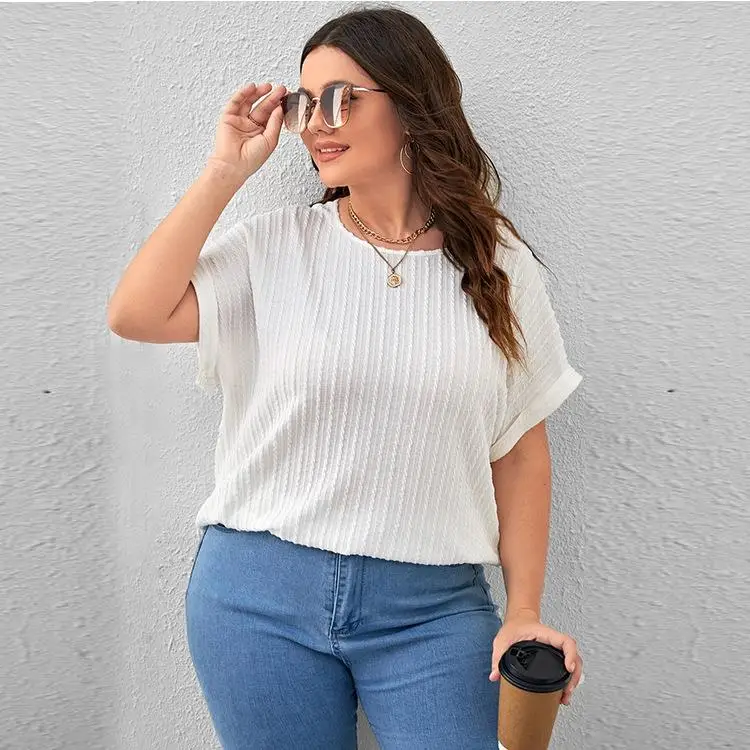 تيشيرت نسائي قصير الأكمام بتصميم عمودي، مقاس كبير، قصة عادية، من ألياف البوليستر، مناسب للأنشطة الخارجية والأعمال، برقبة مستد...