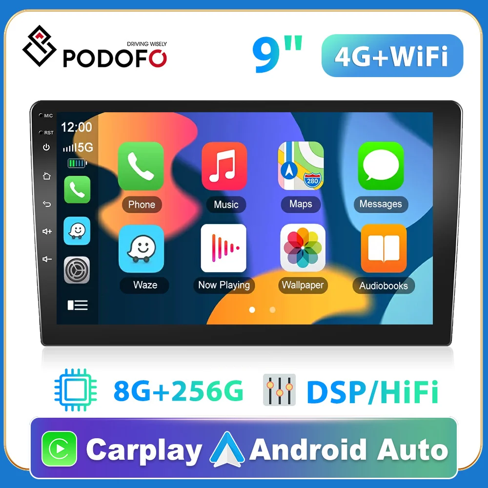 Podofo 2din GPS Carplay Android Radio Multimedia Android Auto  Stereo Receiver Player 8 Core 9