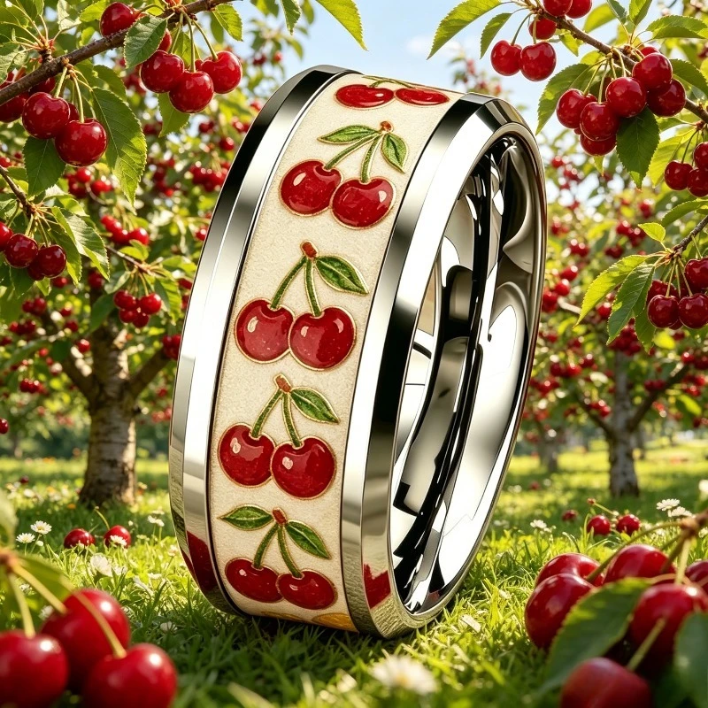 316L Titanium Steel Sweet Cherry Printed Ring, Cute Fruit Style Enamel Craft Wide Band, Hypoallergenic Fade-resistant Unisex Niche Versatile Jewelry, Unique Daily Commute Ring For Besties And Couple Gifts